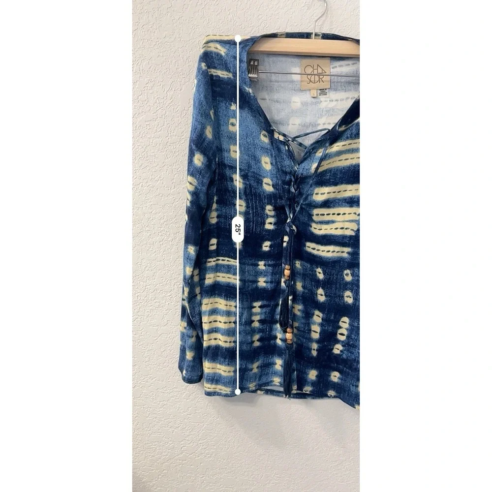 Chaser Beachy Bohemian Blue Tan Tie Up with Tassles Blouse S - Picture 6 of 6
